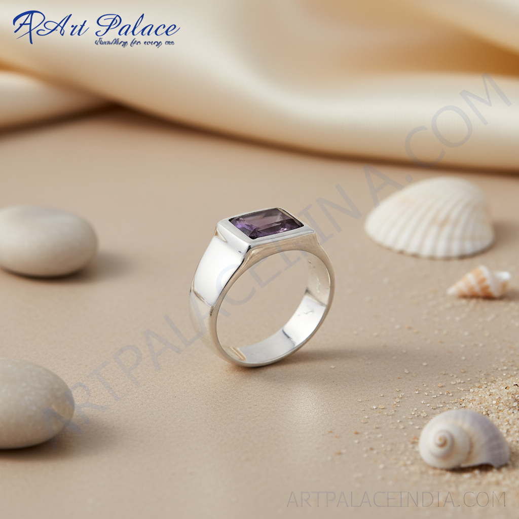 Anillo rectangular de plata con amatista para hombre | Joyería con piedras preciosas
