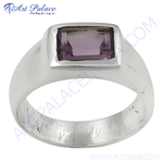 Load image into Gallery viewer, Sterling silver men's ring with rectangular purple amethyst gemstone.
