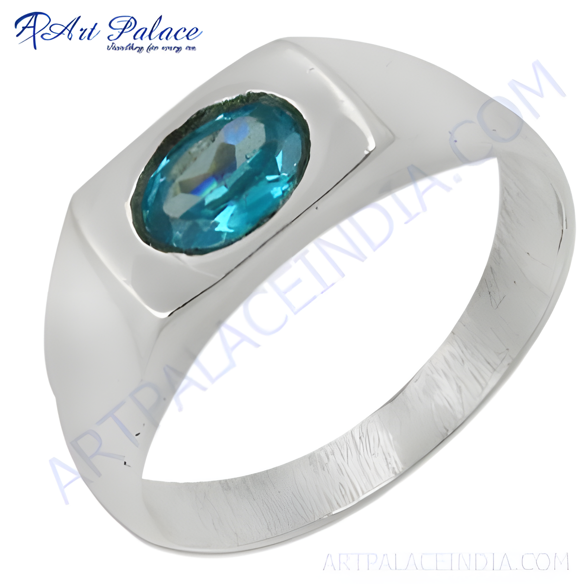 Sterling silver men's signet ring with oval cut blue topaz gemstone center