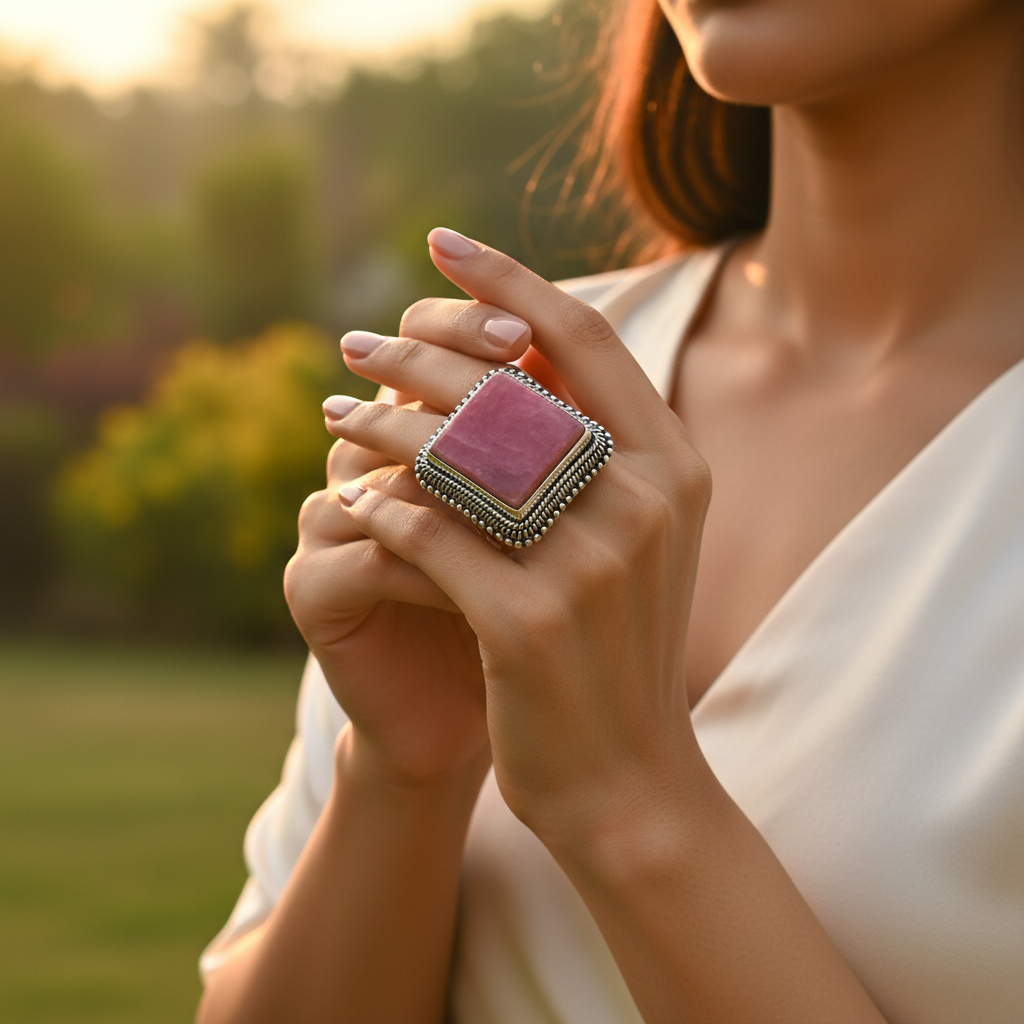 Anillo de rodonita en plata 925 para mujer | Joyería con piedras preciosas