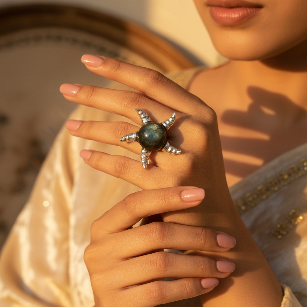 Anillo de garra de plata con piedra preciosa negra | Anillo único para mujer