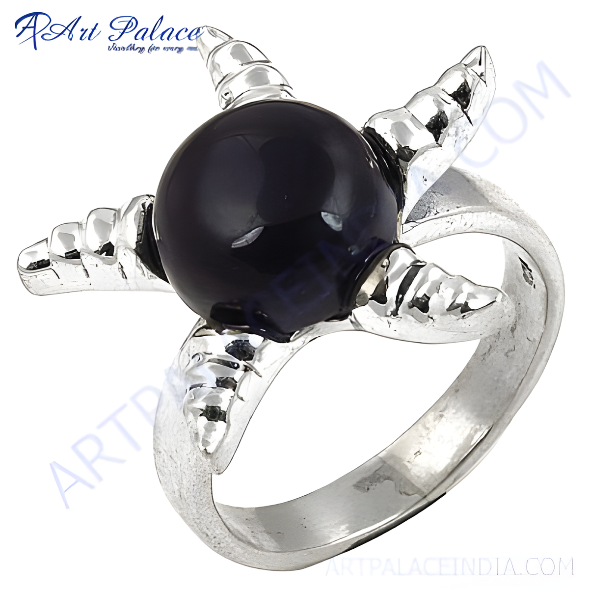 Sterling silver claw ring featuring a large, round, black gemstone, perfect as a unique statement piece