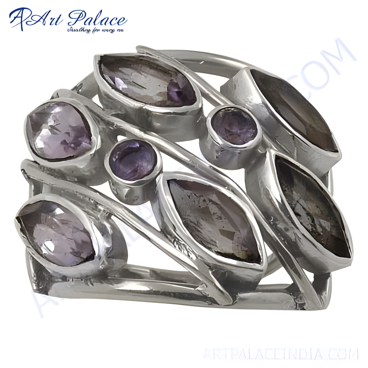 Sterling silver ring with multiple amethyst gemstones arranged in a unique leaf like design