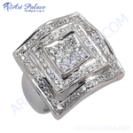 Load image into Gallery viewer, Silver statement ring with square design and sparkling cubic zirconia stones.
