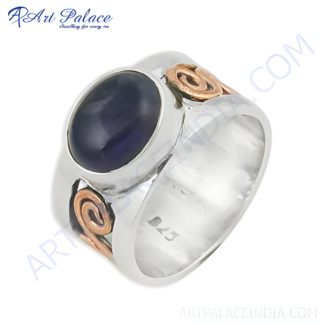 925 sterling silver amethyst cocktail ring with rose gold plating accents, a statement piece of jewelry.