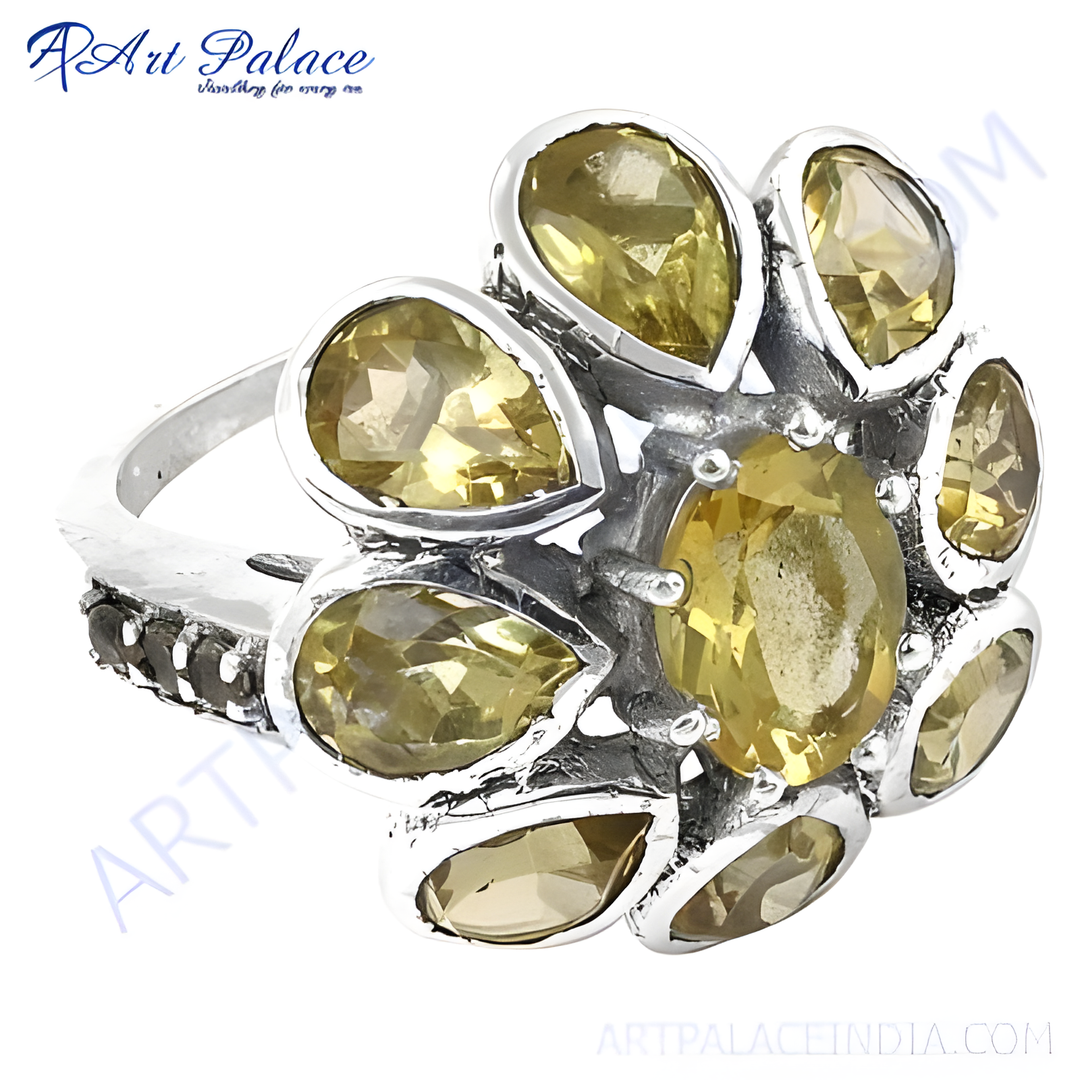 Sterling silver flower ring with yellow citrine gemstones, elegant cluster design.