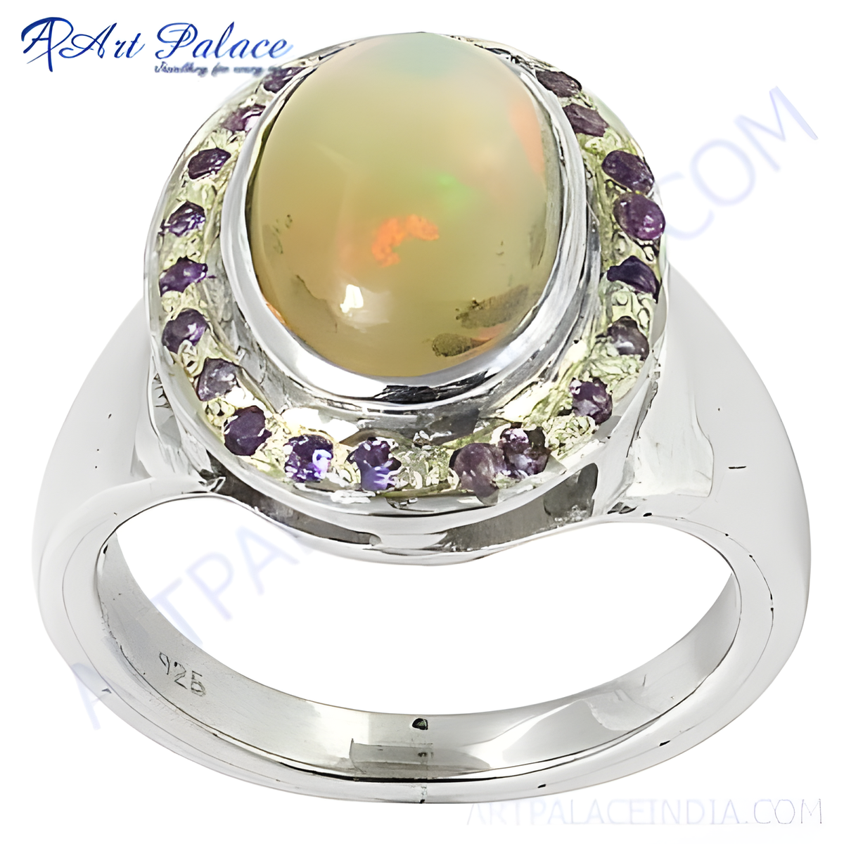 925 sterling silver opal ring with amethyst accents, showcasing an oval opal gemstone set in a silver band