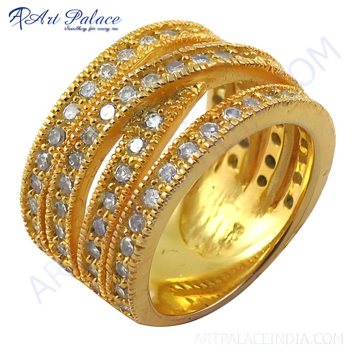 Gold plating ring with multiple bands and diamond cut stones, a luxurious fashion ring for women