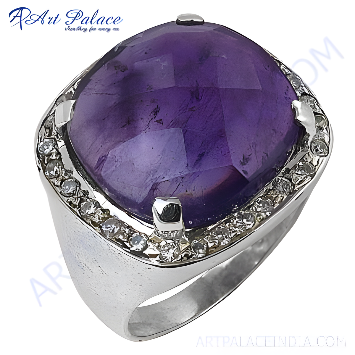 Sterling silver amethyst gemstone ring with accent stones, purple statement jewelry