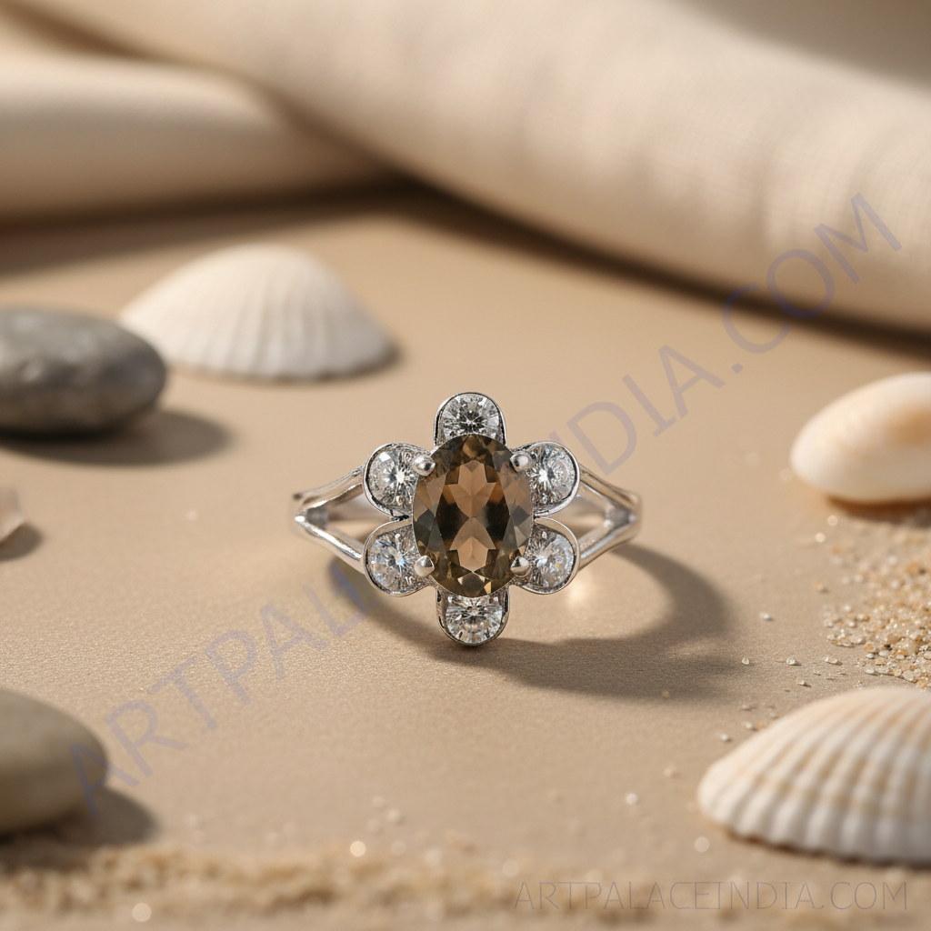 925 Silver Smoky Quartz Ring | Floral Design for Women
