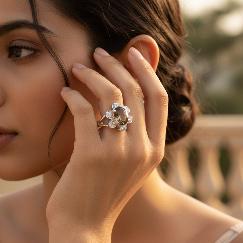 925 Silver Smoky Quartz Ring | Floral Design for Women