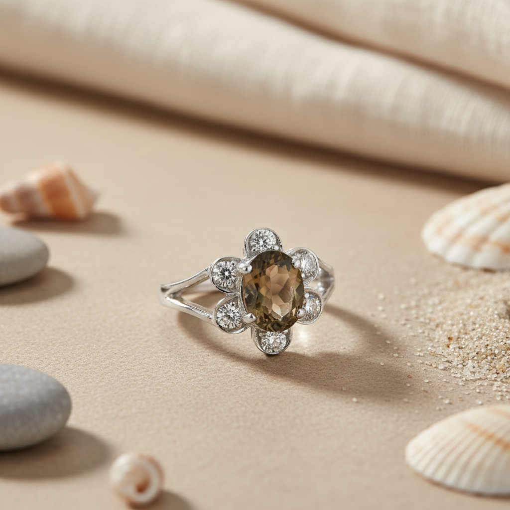 925 Silver Smoky Quartz Ring | Floral Design for Women