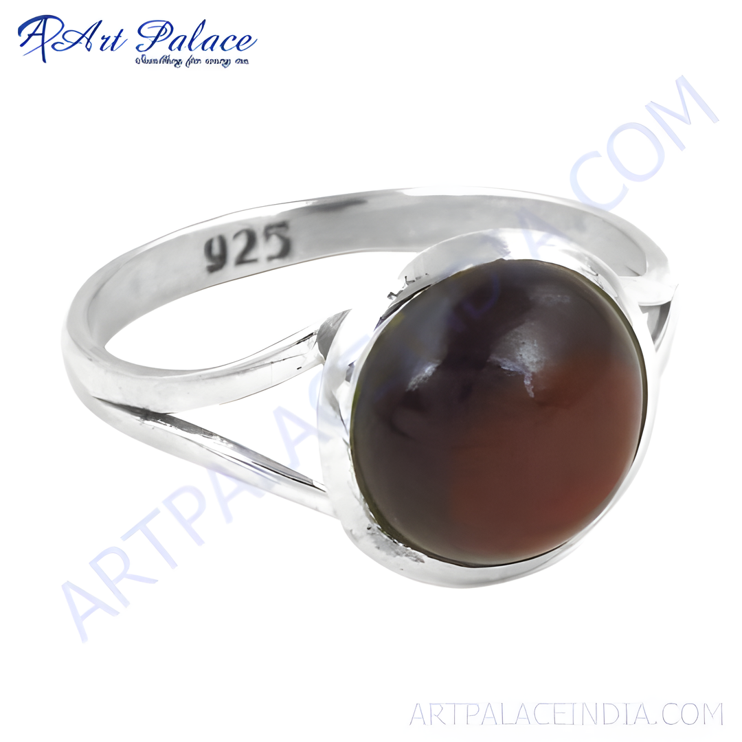 925 sterling silver ring with a round brown gemstone, perfect for women.