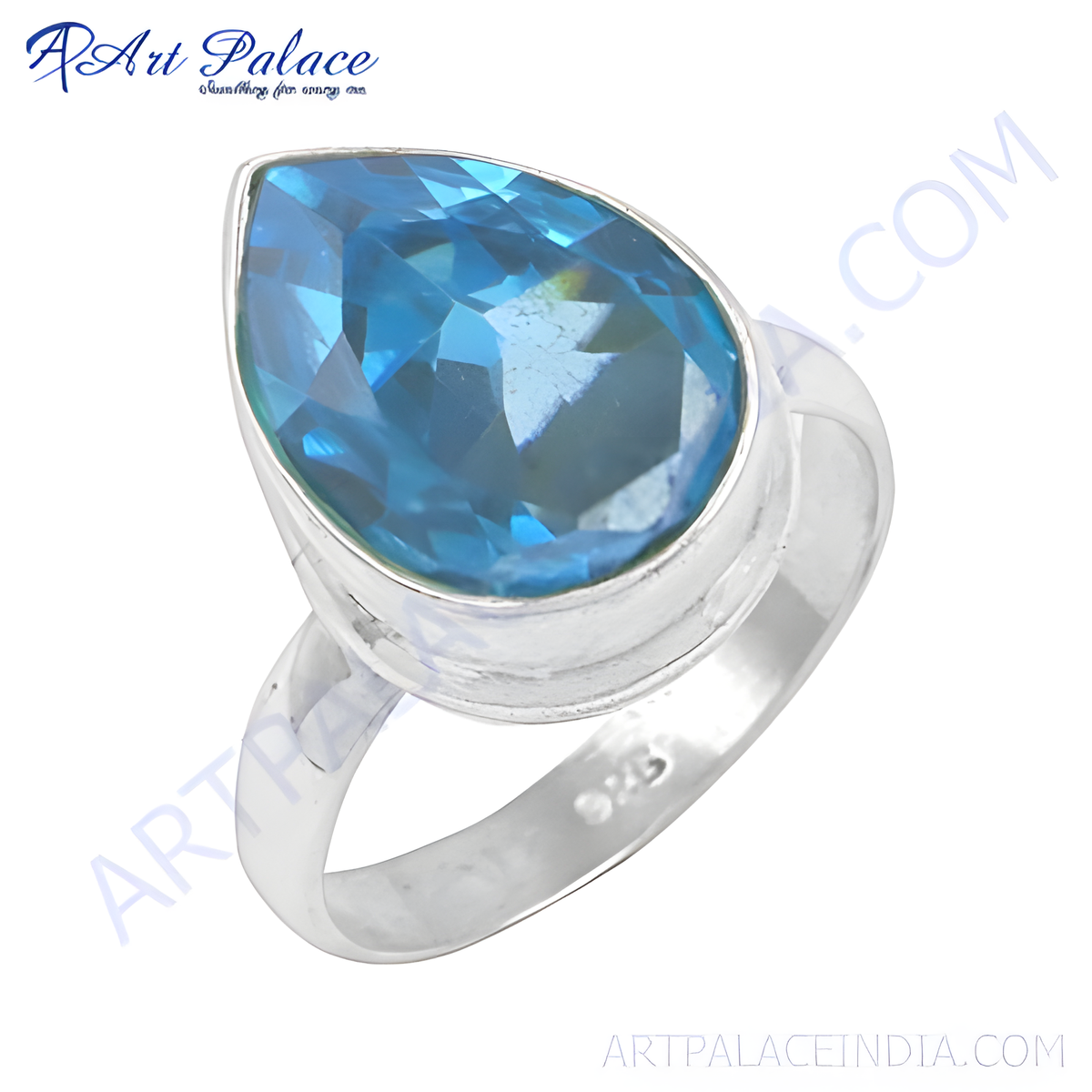 925 sterling silver ring with a large pear shaped blue topaz gemstone