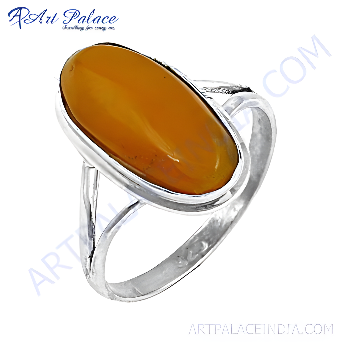 925 sterling silver ring with a large oval amber gemstone in a polished setting
