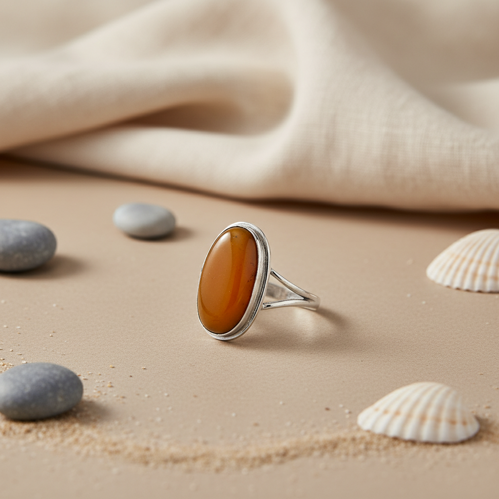 925 Silver Oval Amber Ring for Women | Gemstone Jewelry