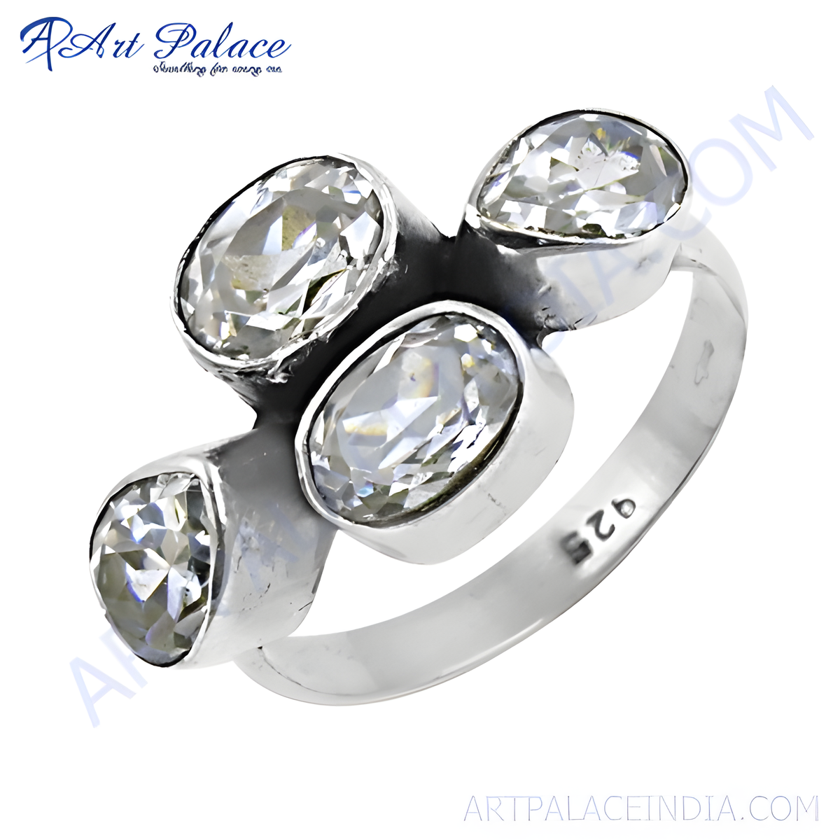 Sterling silver ring with multiple clear white topaz gemstones, a classic and elegant design