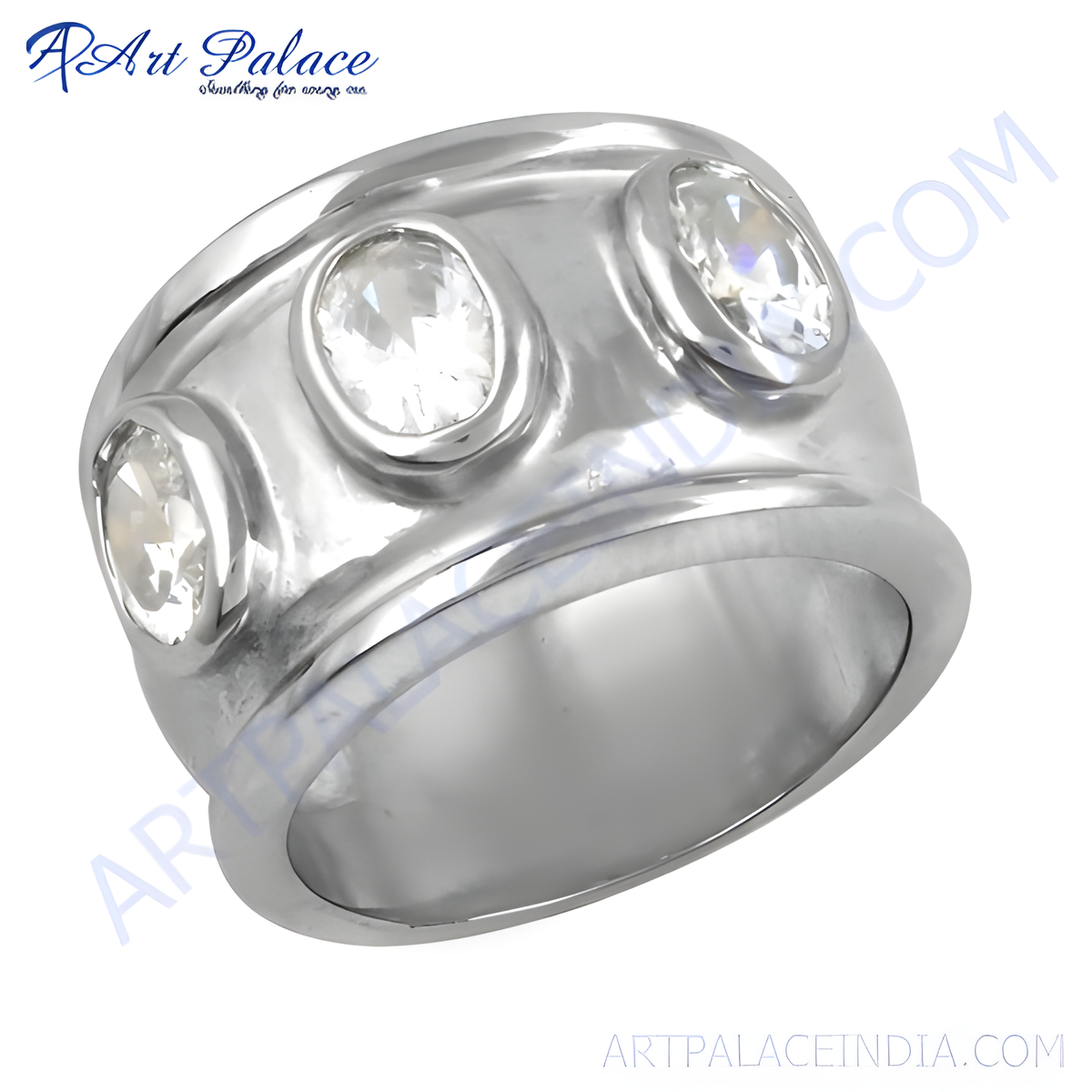 Silver ring featuring three round, clear cubic zirconia stones