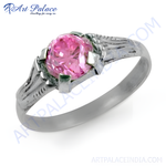 Load image into Gallery viewer, Sterling silver ring with a large pink gemstone center, elegant jewelry for women.
