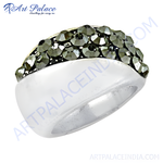 Load image into Gallery viewer, Close-up of a silver ring with a band covered in dark, sparkling stones.
