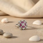 Load image into Gallery viewer, Silver Ruby &amp; Diamond Ring for Women | Square Cluster Design
