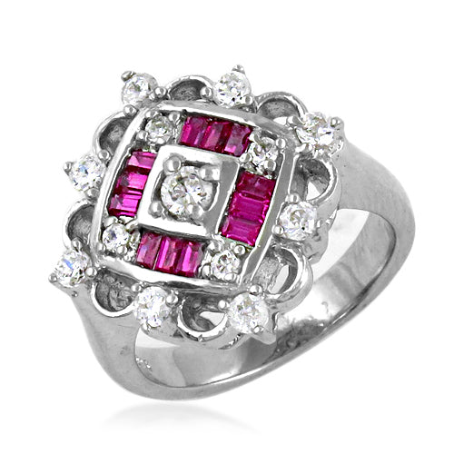 Silver Ruby & Diamond Ring for Women | Square Cluster Design