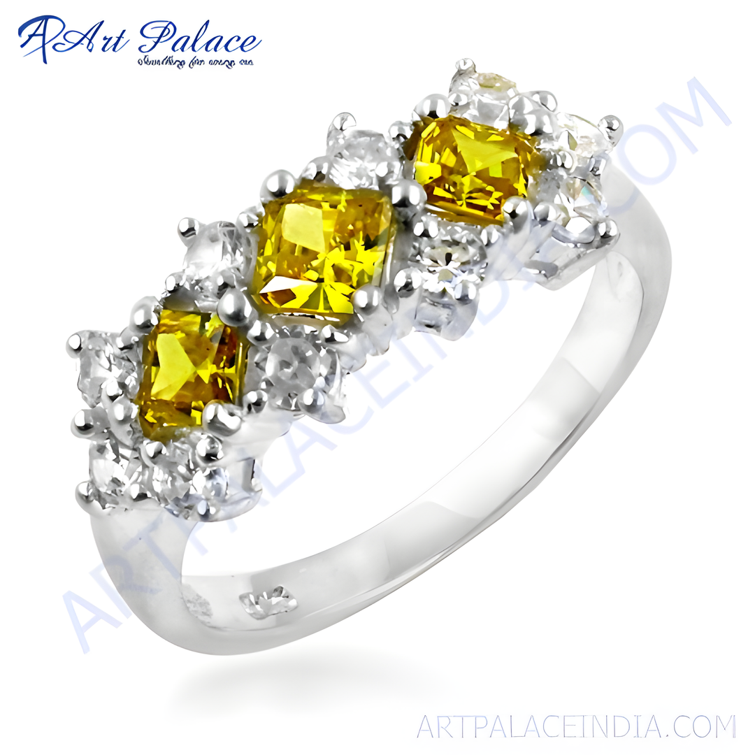 925 sterling silver ring with three yellow sapphire gemstones and white accents.