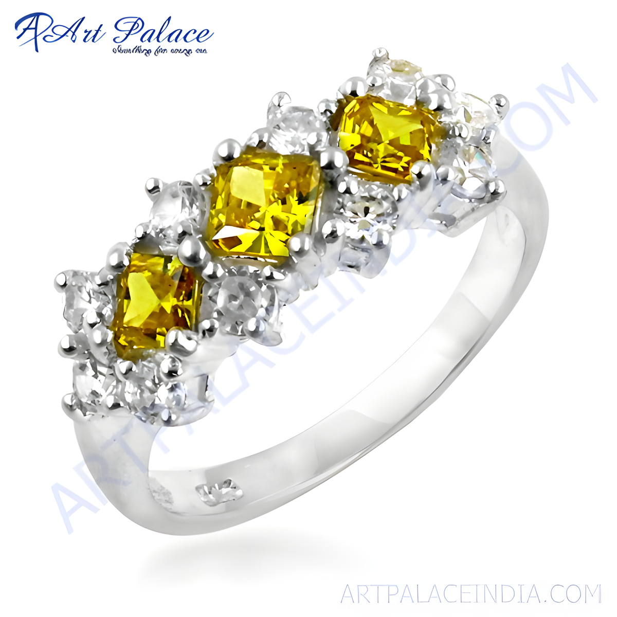 925 sterling silver ring with three yellow sapphire gemstones and white accents