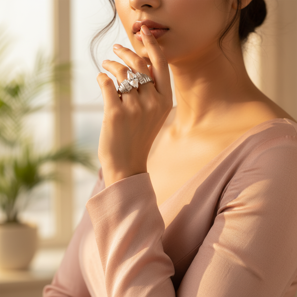 Anillo de plata de talla marquesa con detalles baguette | Anillo para mujer