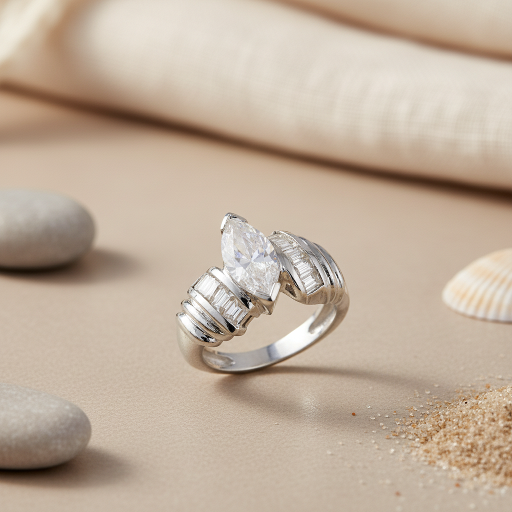 Silver Marquise Cut Ring with Baguette Accents | Women's Ring