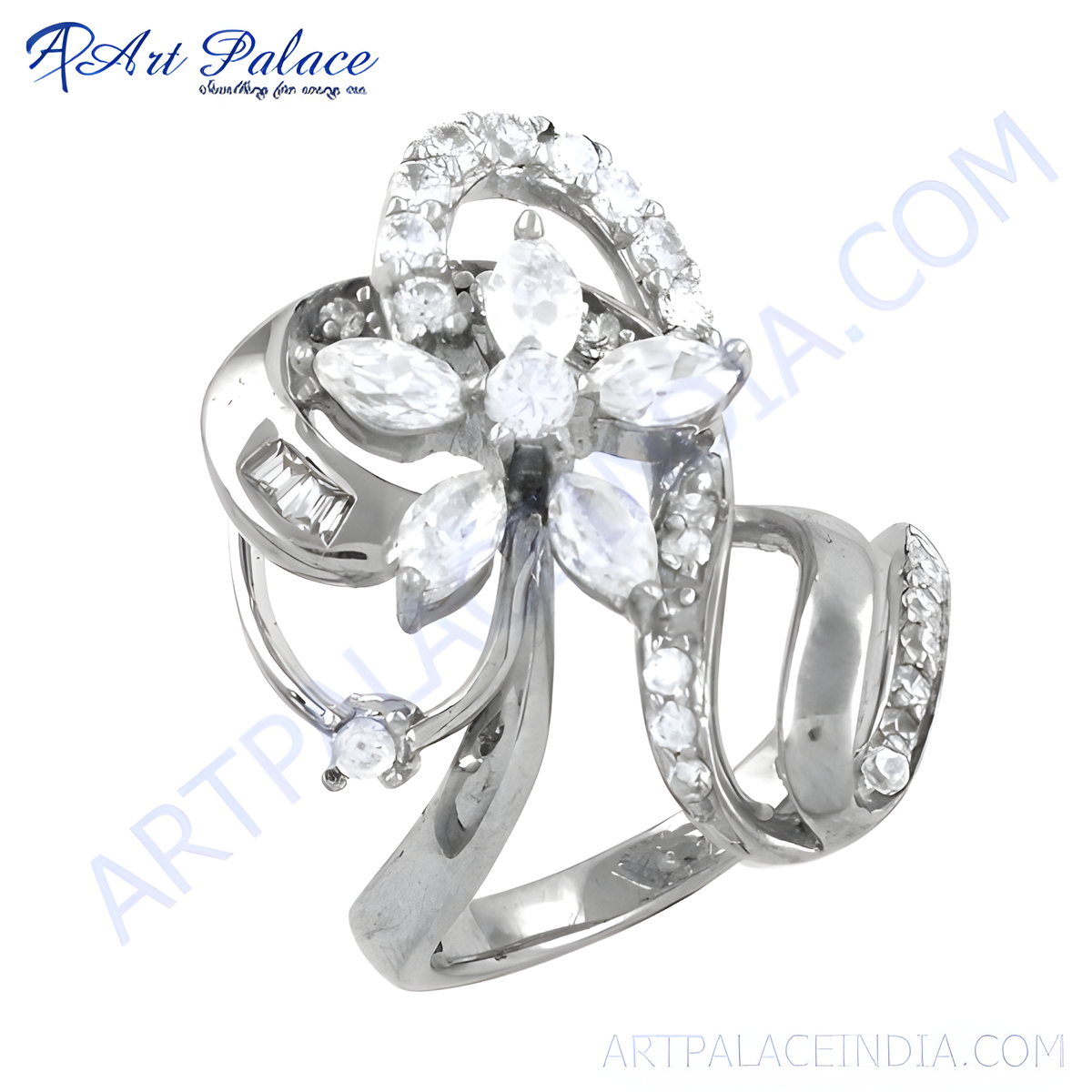 Silver flower ring with sparkling cubic zirconia stones, perfect for women
