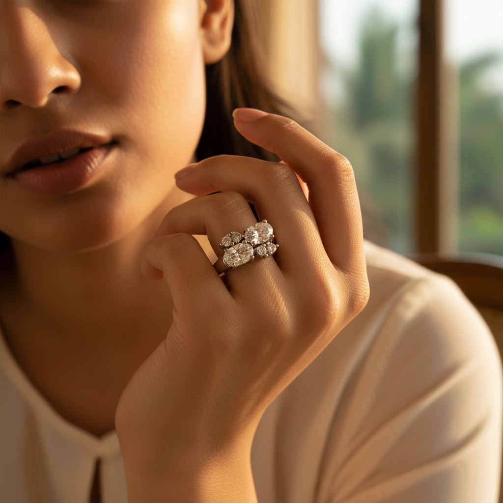 Anillo de plata con diamantes ovalados y redondos para mujer | Joyería de compromiso