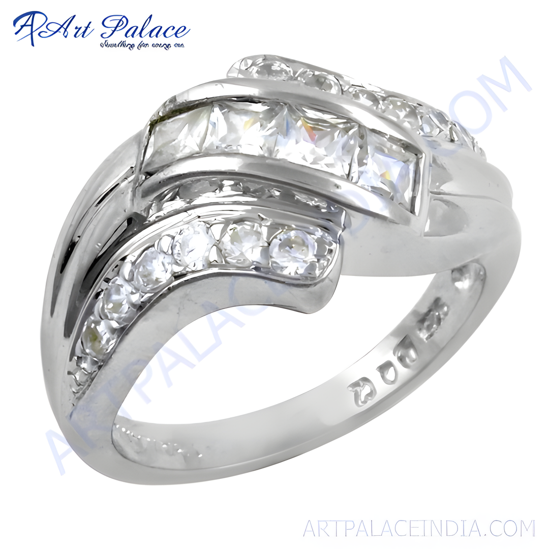 Silver ring with multiple rows of sparkling cubic zirconia stones, perfect for daily wear.