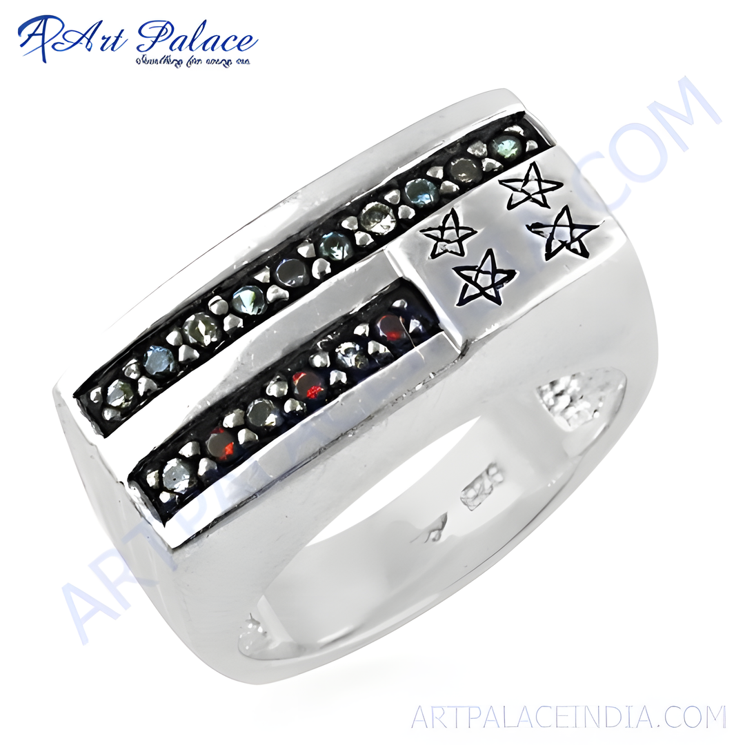 925 sterling silver rectangle ring with blue and red gemstones for men.