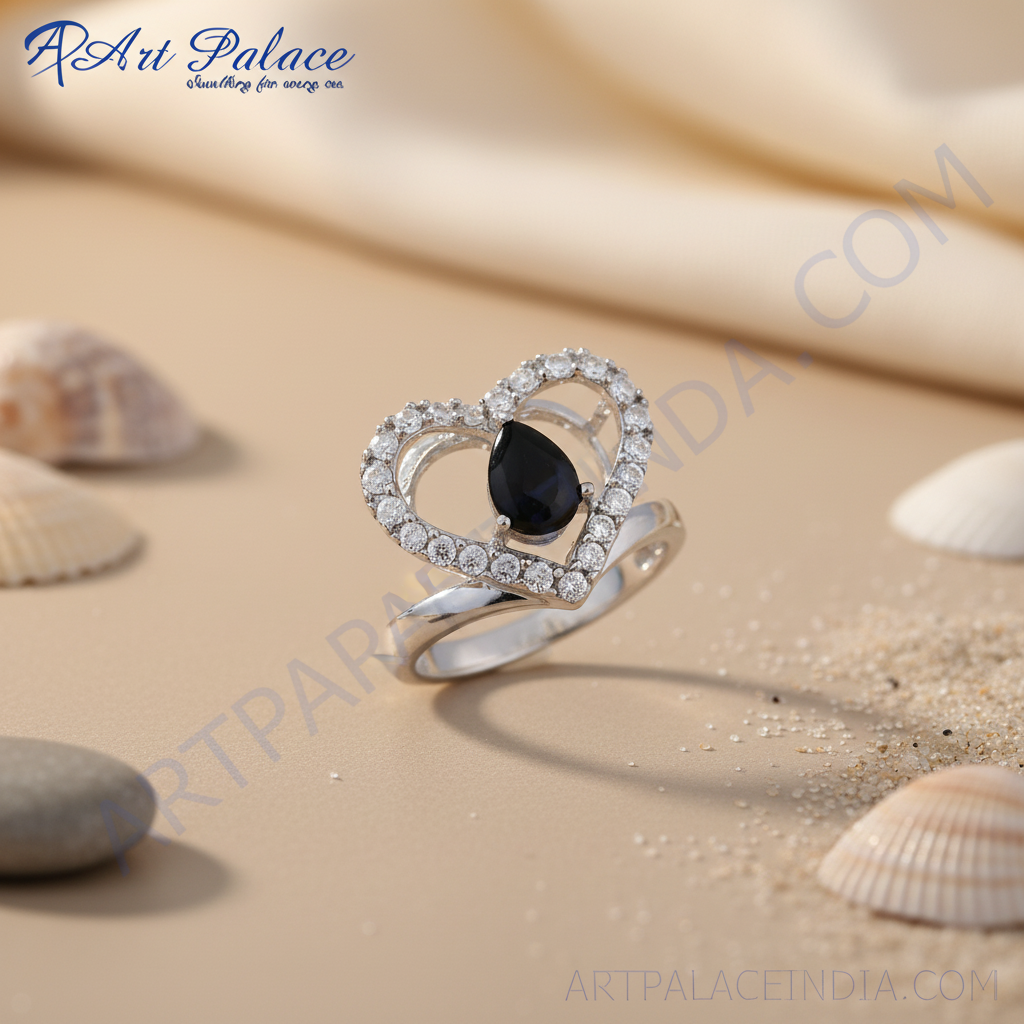 Anillo de plata con forma de corazón y piedra preciosa negra | Anillo para mujer