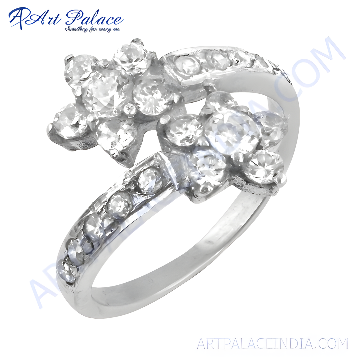 Silver flower ring with sparkling cubic zirconia stones, perfect for women