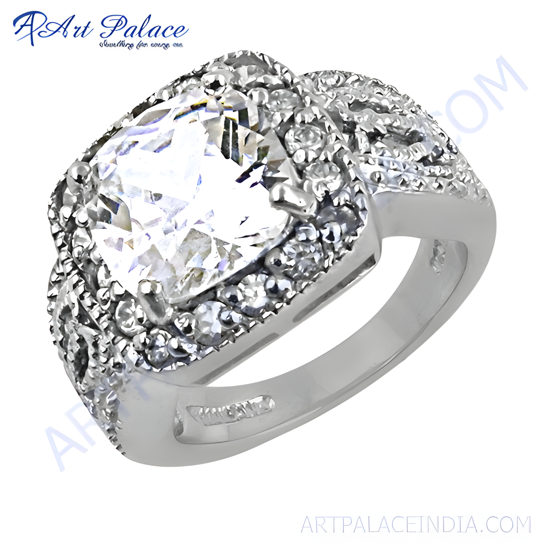 Silver statement ring with large cubic zirconia center stone and sparkling accents, perfect for women