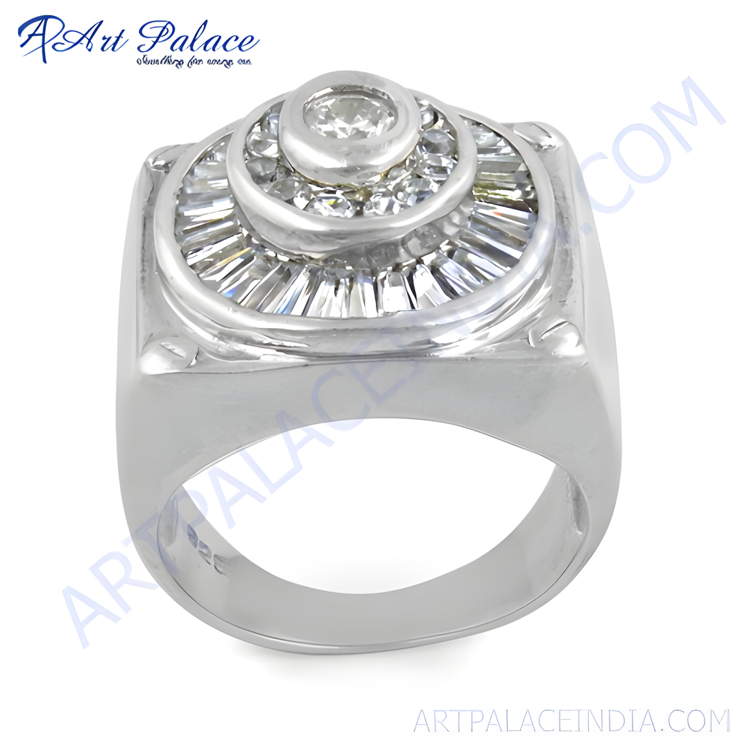 Sterling silver men's ring with a central arrangement of baguette-cut diamonds, offering a modern and bold style.