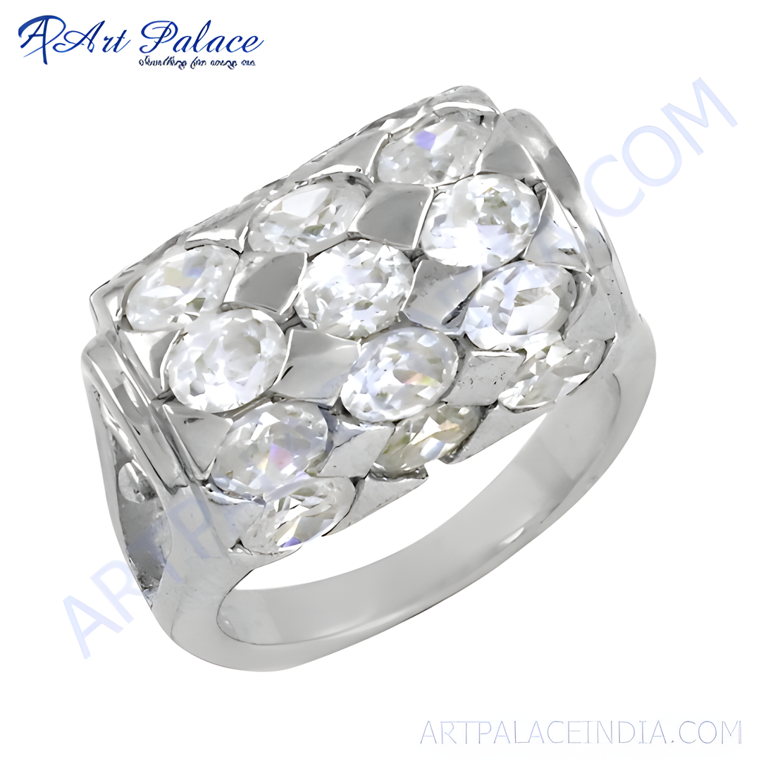 Sterling silver ring with a rectangular design and multiple sparkling white cubic zirconia stones.