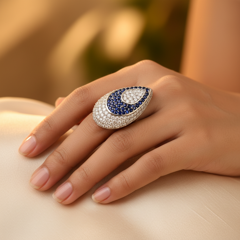 Anillo de plata con zafiro y diamantes para mujer | Anillo de cóctel