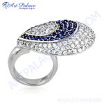 Load image into Gallery viewer, Silver cocktail ring with white diamonds and blue sapphire gemstones, a statement piece for women.
