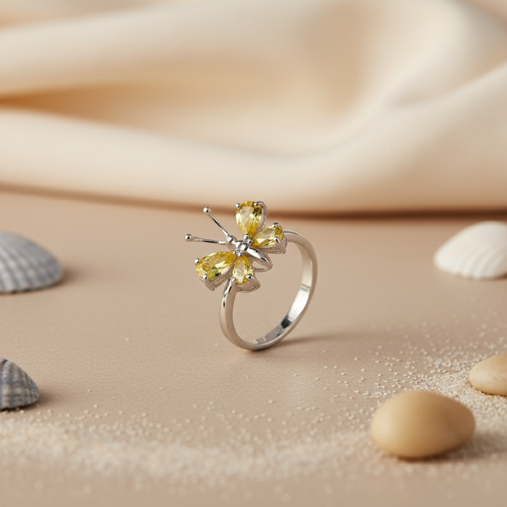 925 Silver Butterfly Ring with Yellow Gemstones | Women's Jewelry