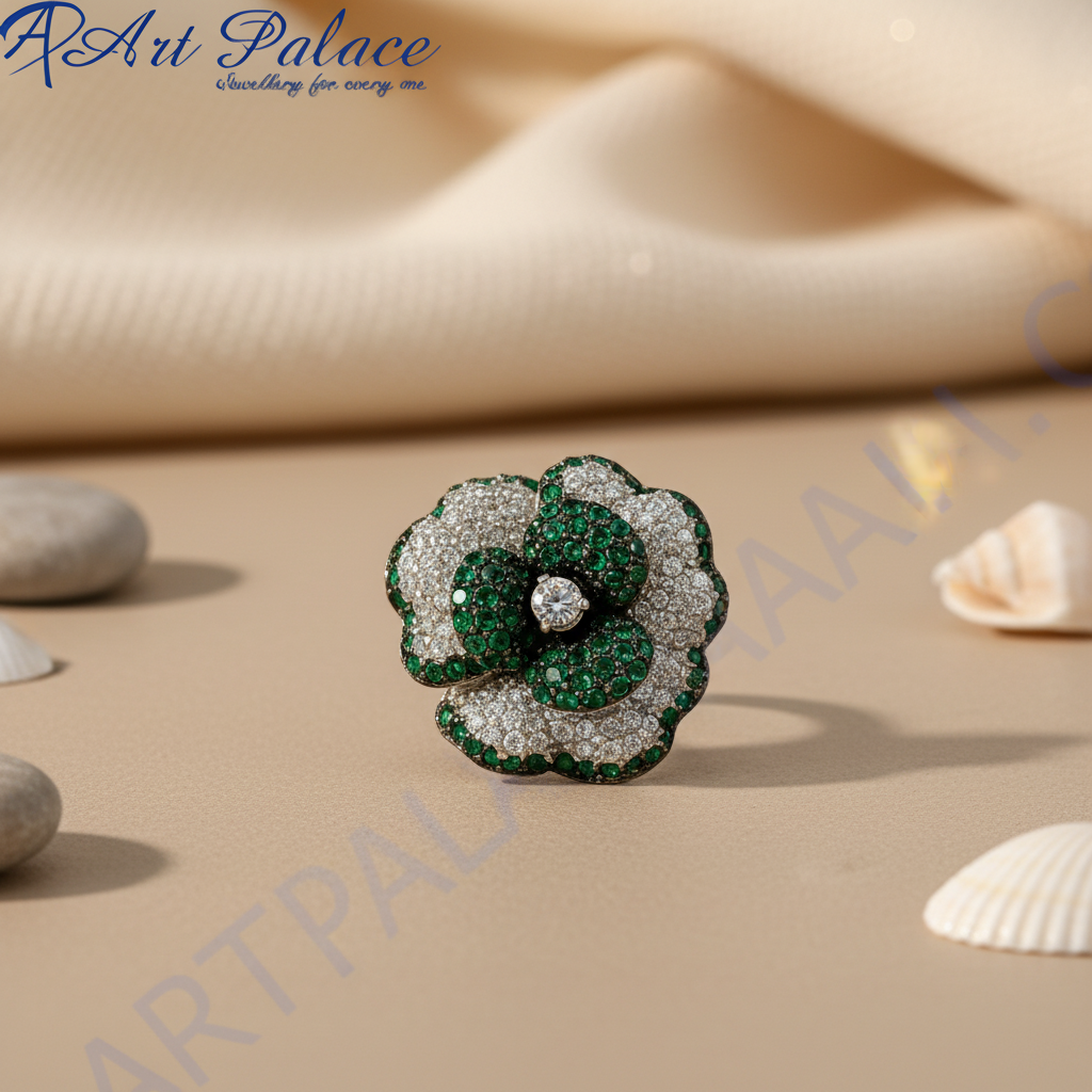 Anillo de plata con flor y piedras preciosas verdes | Anillo para mujer