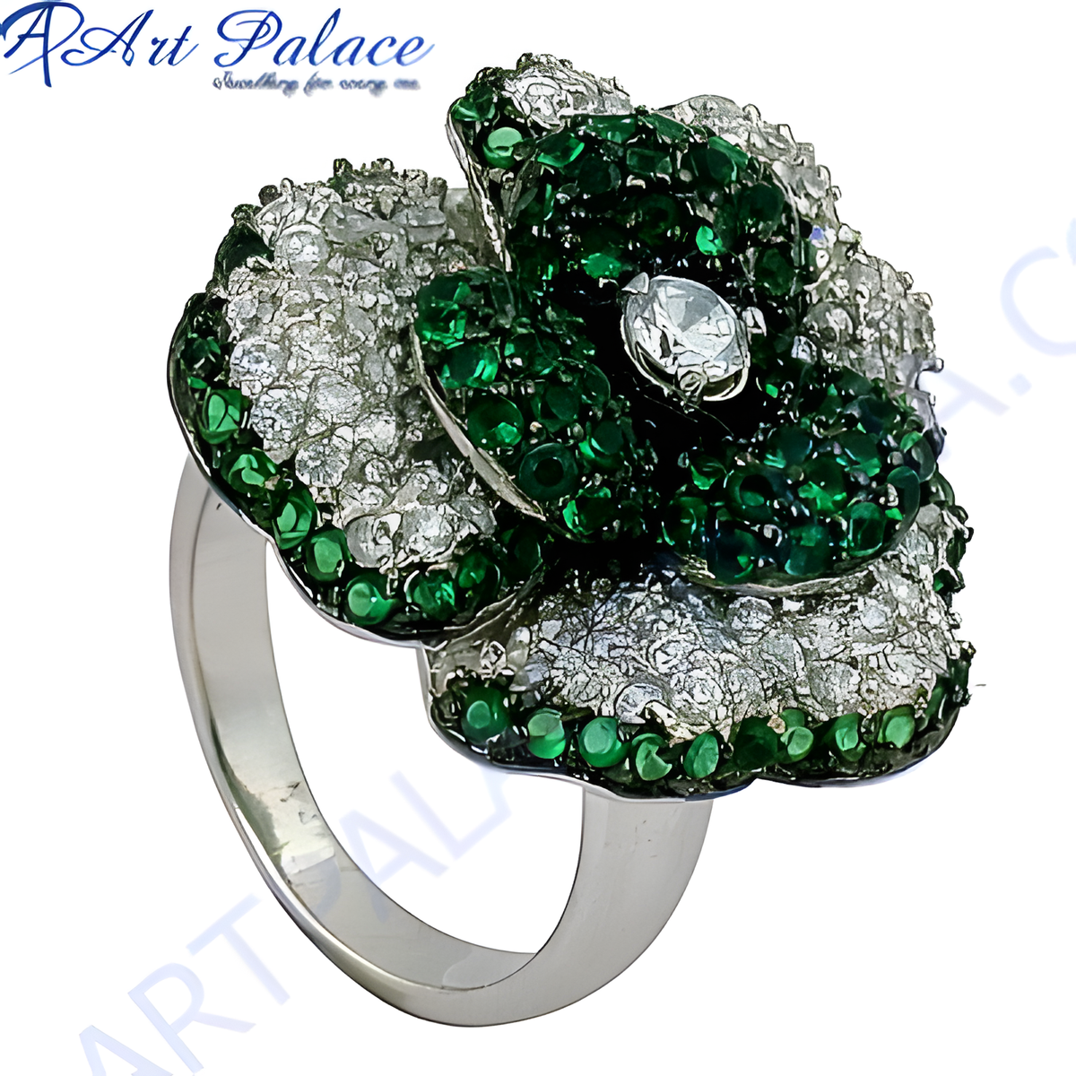Silver flower ring with green gemstones and a central clear gemstone, for women