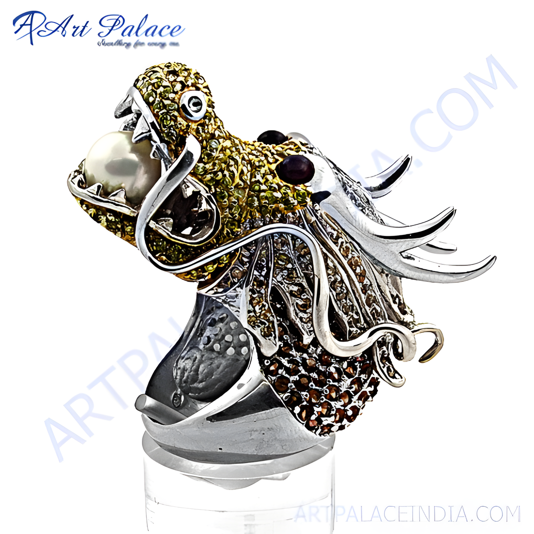 Silver dragon ring with pearl, unique and fantasy-inspired jewelry.