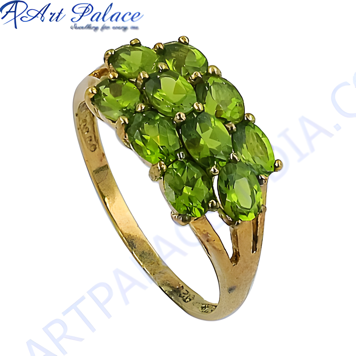 Gold plating cluster ring featuring oval cut peridot gemstones in a setting, showcasing a vibrant green color