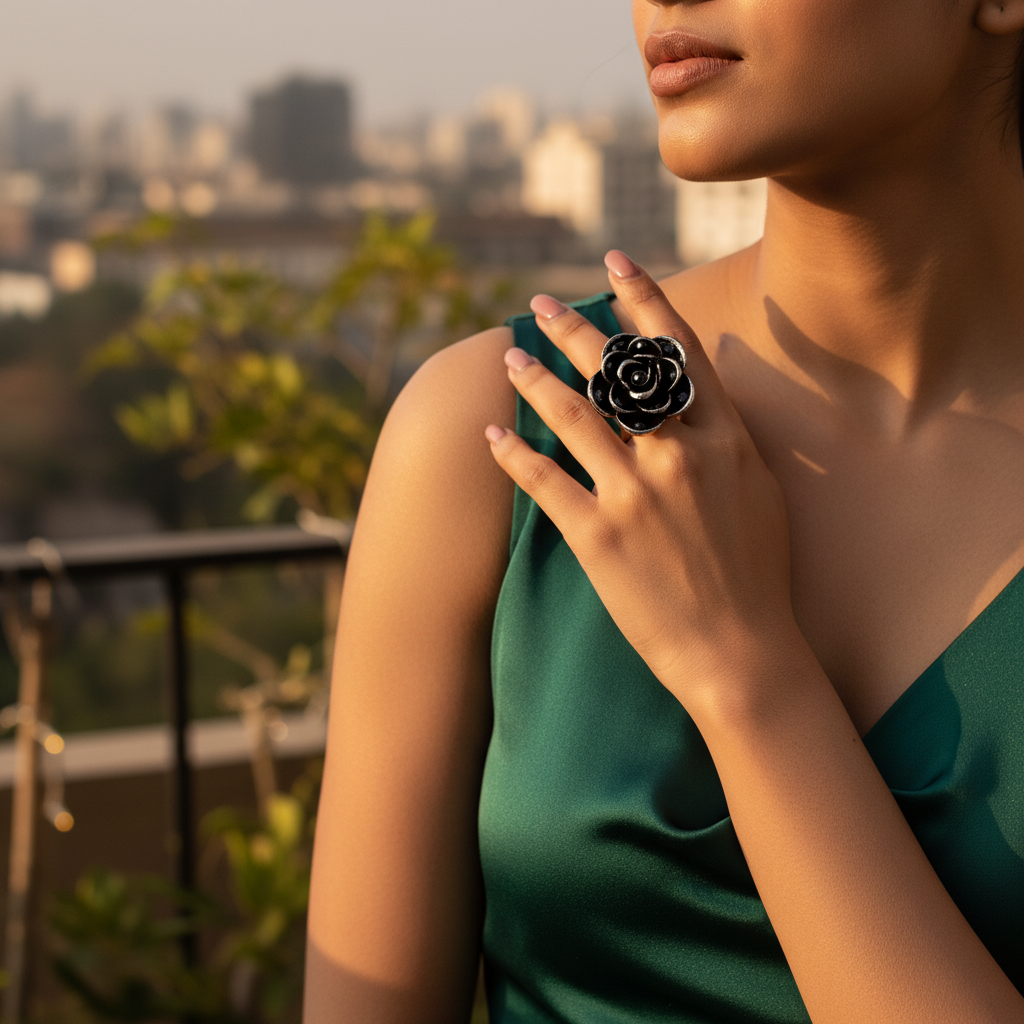 Silver Rose Ring | Black Enamel Flower Ring | Women's Jewelry