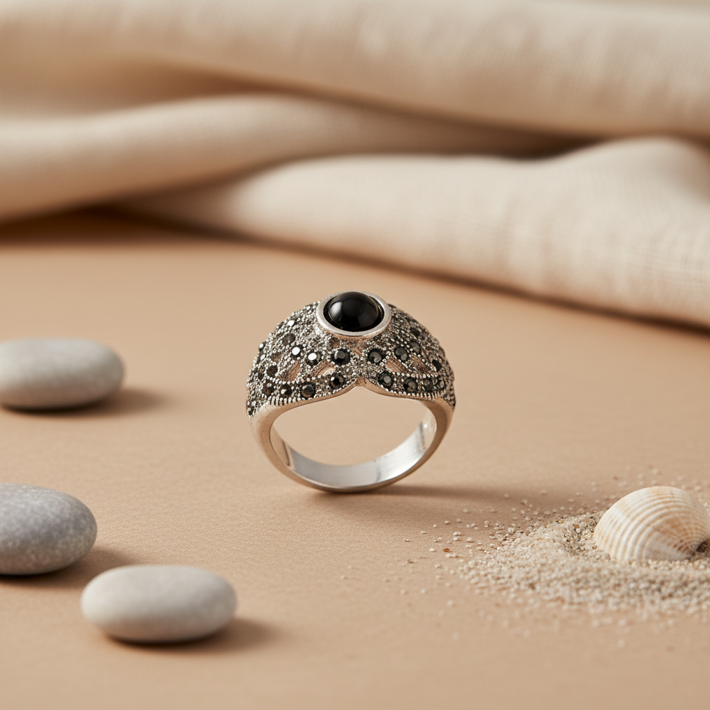 925 Silver Black Gemstone Ring for Women | Cocktail Jewelry