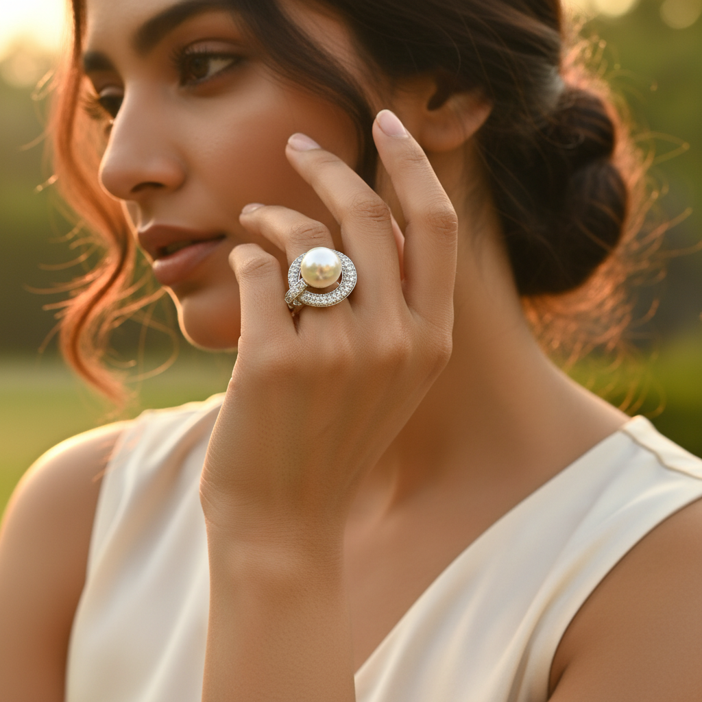 Anillo de perla y circonita cúbica para mujer | anillo de plata de ley