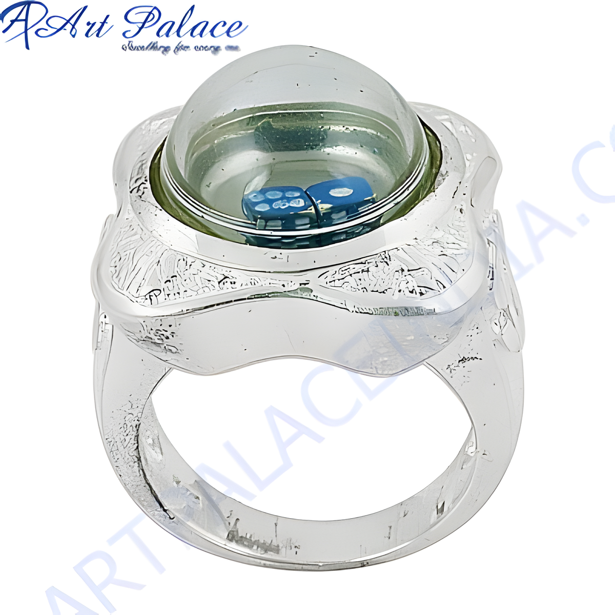 Sterling silver ring with a clear dome and two blue dice inside; unique jewelry
